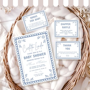 Conjunto de invitación de baby shower de Cielito Lindo azul, tema mexicano editable, paquete de Papel Picado, plantilla digital, paquete de bebé Cielito Lindo