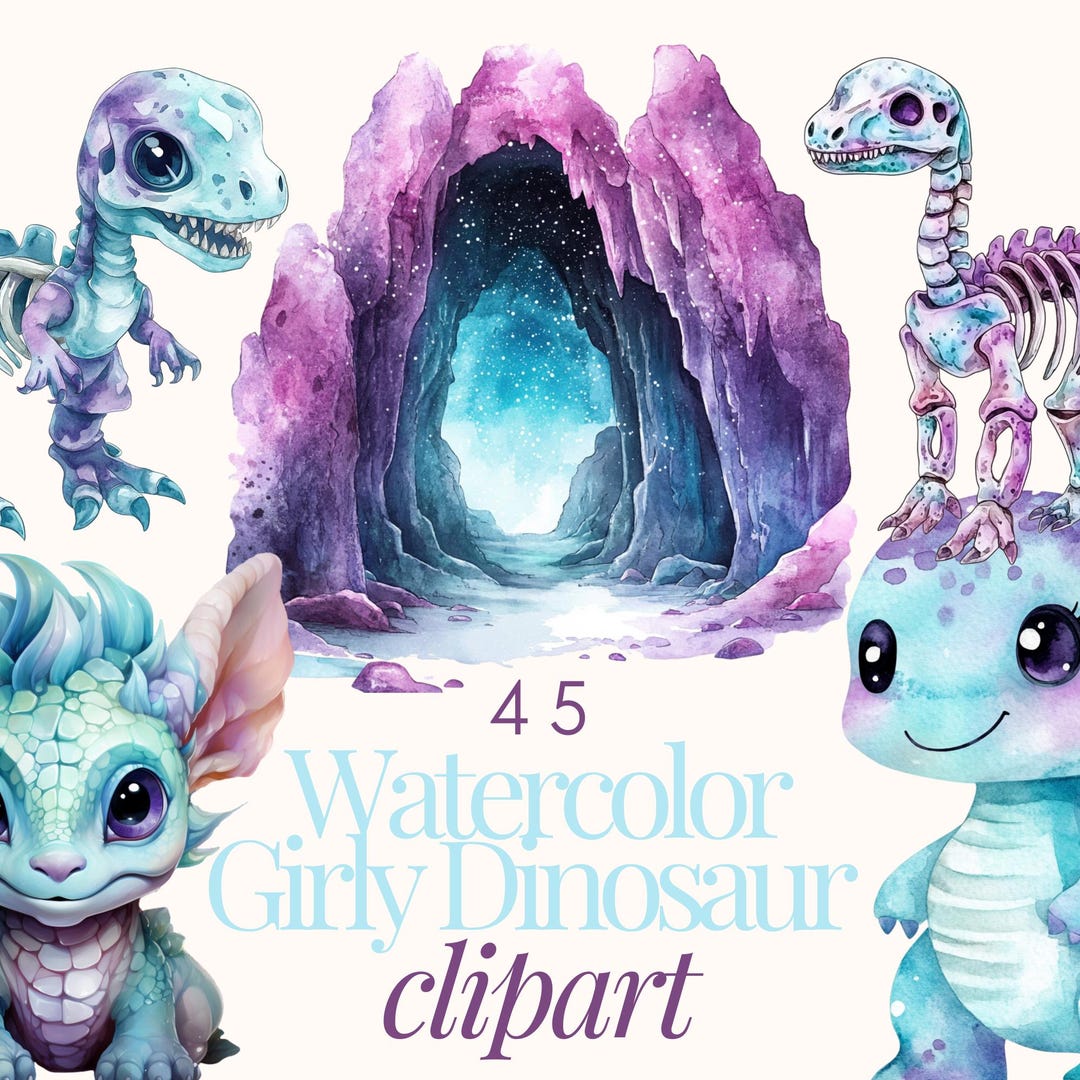 Girly Dinosaurs Watercolor Clipart Set Dino Clip Art Bundle of ...