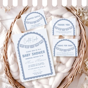 Conjunto de invitación de baby shower azul personalizado Cielito Lindo, tema mexicano editable, paquete Papel Picado, plantilla digital, bebé Cielito Lindo