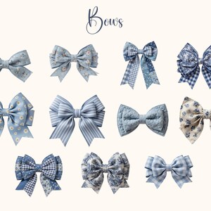 May include: A selection of ten blue fabric bows in various patterns, including floral, striped, and gingham designs. The word "Bows" is written in cursive at the top. Each bow has a unique design, showcasing different textures and styles.