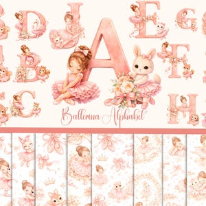 May include: Watercolor illustrations of a ballerina alphabet in shades of pink. Each letter and number is adorned with a ballerina, flowers, and cute animals. The image also includes coordinating patterns.