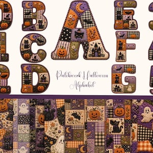 May include: A patchwork Halloween alphabet featuring letters and numbers 0-5, each with a unique design. The letters and numbers are made of various fabric patches with Halloween-themed motifs like pumpkins, cats, bats, and moons. The words "Patchwork Halloween Alphabet" are also in the image.