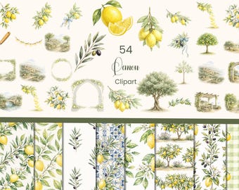 Imágenes prediseñadas de limones en acuarela: Fruta y flor mediterráneas
