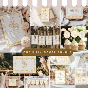 One Silly Goose First Birthday Bundle, Floral Goose Invite First Birthday Bundle, Yellow Greenery Girls 1st birthday Boho Goose Theme Decor