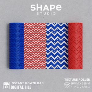 May include: Four texture rollers in blue, red, and white patterns. The rollers have a chevron and star design. The text "SHAPE STUDIO" is at the top. The text "TEXTURE ROLLER" is at the bottom, with measurements of 3.15in x 0.98in.