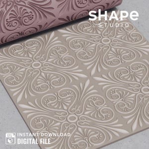 May include: A tan and white floral pattern design on a rectangular surface. The design is embossed with a repeating symmetrical pattern. A rolled-up, pink version of the same design is in the background. The text "SHAPE STUDIO" is visible. The text "STL INSTANT DOWNLOAD DIGITAL FILE" is also visible.