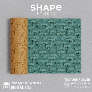 May include: A tan texture roller with a savanna tree design next to a green textured sheet with the same pattern. The roller is 3.15 inches long and 0.98 inches in diameter. The image includes the text "SHAPE STUDIO" and "TEXTURE ROLLER".