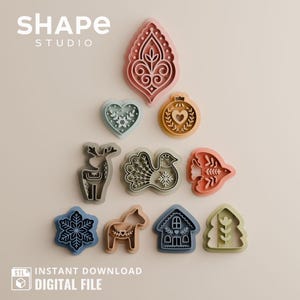 May include: A collection of various-shaped cookie cutters in pastel colors. The cutters include a snowflake, heart, bird, house, and reindeer. The image also includes the text "SHAPE STUDIO", "STL", "INSTANT DOWNLOAD", and "DIGITAL FILE".