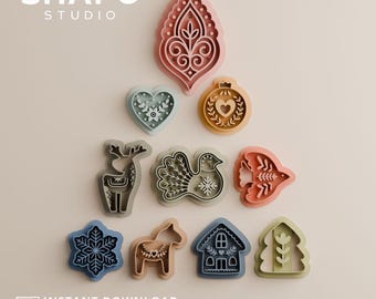 北欧風クリスマスセット：ポリマークレイカッター｜スカンジナビア風クリスマスイヤリングカッター（STLデジタルファイル）