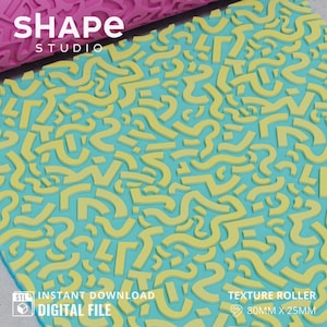Può includere: Un rullo per texture con un motivo astratto giallo ripetuto su sfondo turchese. Il rullo misura 8 cm x 2,5 cm. L'immagine include anche il testo "SHAPE STUDIO", "STL INSTANT DOWNLOAD DIGITAL FILE" e "TEXTURE ROLLER".