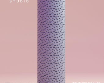 以下が含まれることがあります： 小さなアーチの繰り返しパターンを持つ紫色のテクスチャーローラー。ローラーのサイズは80mm x 25mmです。画像の右下隅には「TEXTURE ROLLER」と「80MM X 25MM」のテキストが印刷されています。