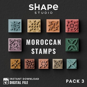 Puede incluir: Un conjunto de sellos marroquíes de colores variados, con diseños geométricos únicos. Los colores incluyen azul, amarillo, naranja, rosa y verde. La imagen incluye el texto "MOROCCAN STAMPS" y "DIGITAL FILE".