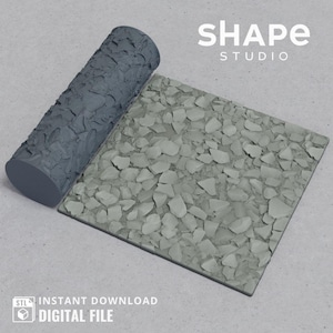 May include: A grey, textured roller and a matching square tile, both with a stone-like pattern. The roller is cylindrical, and the tile is rectangular. The image includes the text "SHAPE STUDIO" and "STL INSTANT DOWNLOAD DIGITAL FILE".