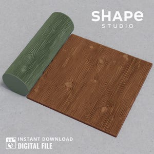 Puede incluir: Un rodillo verde texturizado y una baldosa cuadrada marrón texturizada. La baldosa tiene un patrón de veta de madera. El texto "SHAPE STUDIO" es visible en la esquina superior derecha de la imagen.