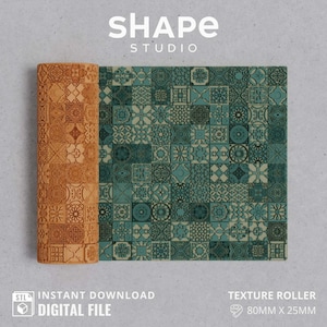 Könnte beinhalten: Eine teal- und braune Texturrolle mit einem sich wiederholenden Muster aus geometrischen Formen. Die Rolle ist 80 mm x 25 mm groß und mit "TEXTURE ROLLER" beschriftet. Das Bild enthält auch den Text "SHAPE STUDIO" und "INSTANT DOWNLOAD DIGITAL FILE".
