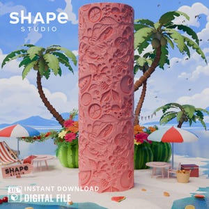 May include: A pink rolling pin with a raised design of fruits and flowers. The rolling pin is on a white sandy beach with palm trees and a blue sky in the background.