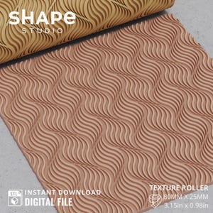 May include: A texture roller with a wave pattern, measuring 3.15 inches by 0.98 inches. The roller and the textured surface are in shades of brown. The image includes the text "SHAPE STUDIO" and "TEXTURE ROLLER". It is a digital file.