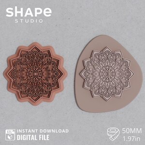 May include: Two decorative mandala designs. One is a raised, flower-like design in a peach color. The other is a similar design in a light brown color. The text "SHAPE STUDIO" is at the top. The text "DIGITAL FILE" is at the bottom. The design is 1.97 inches or 50mm.