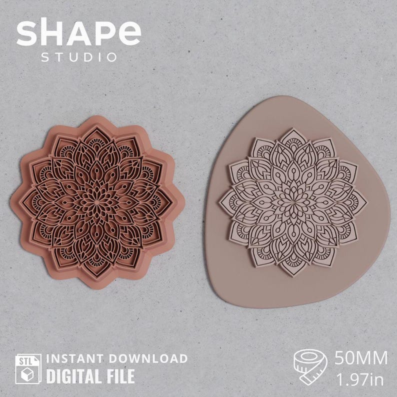 May include: Two decorative mandala designs. One is a raised, flower-like design in a peach color. The other is a similar design in a light brown color. The text "SHAPE STUDIO" is at the top. The text "DIGITAL FILE" is at the bottom. The design is 1.97 inches or 50mm.