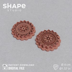 May include: Two coral-colored, floral-patterned cookie cutters. Each cutter has a detailed, circular design with a scalloped edge. The image includes the text "SHAPE STUDIO" and "INSTANT DOWNLOAD DIGITAL FILE". The cutters are 1.57 inches in diameter.