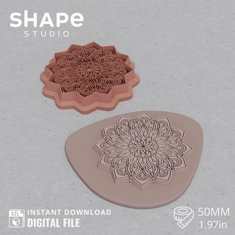 May include: Two pink mandala-shaped cookie cutters and a matching stamp. The stamp is on a light pink oval base. The text "SHAPE STUDIO" is at the top. The text "STL INSTANT DOWNLOAD DIGITAL FILE" is at the bottom. The size is 1.97in (50mm).