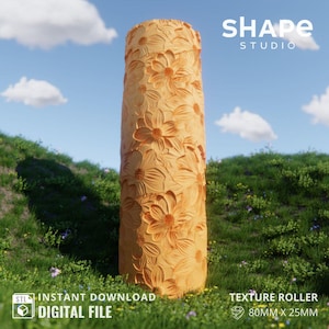 May include: A 3D printed texture roller with a floral design. The roller is 80mm in diameter and 25mm in height. It is made of a light orange plastic.