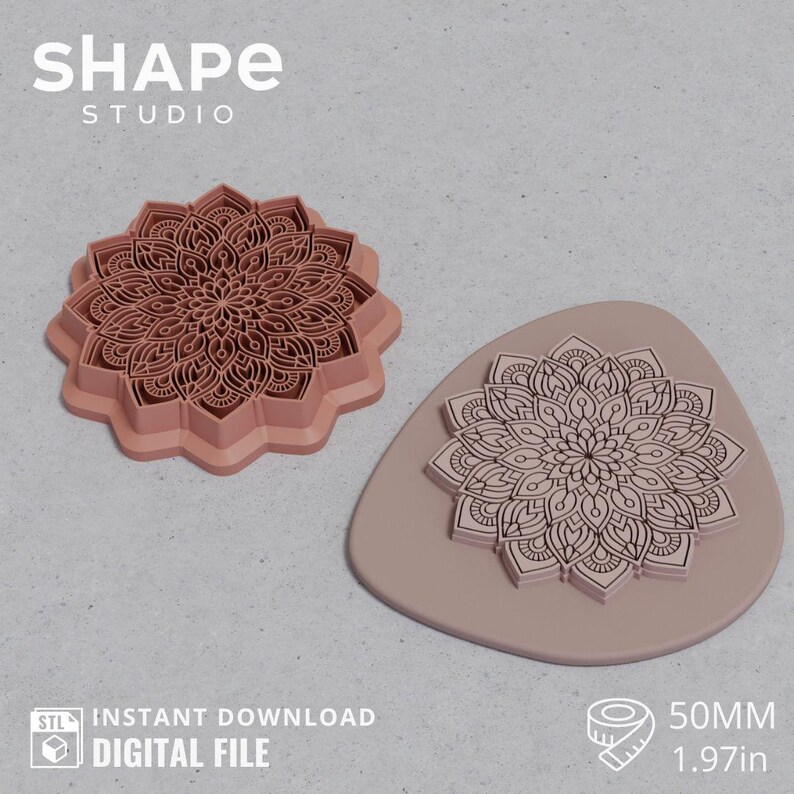 May include: A light brown mandala-shaped cookie cutter and a matching impression stamp. The cutter is 1.97 inches in diameter. The image also includes the text "SHAPE STUDIO", "STL INSTANT DOWNLOAD DIGITAL FILE".