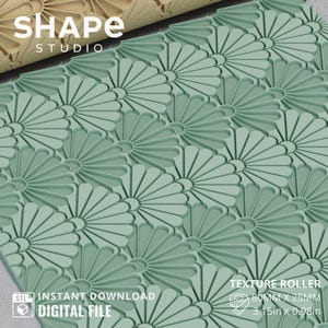 May include: A light green texture roller with a floral pattern, next to a matching textured surface. The roller is 3.15 inches wide and 0.98 inches in diameter. The image includes the text "SHAPE STUDIO" and "TEXTURE ROLLER".