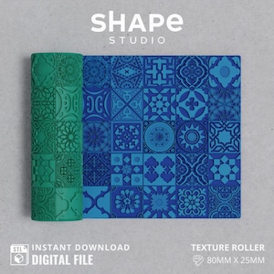 Puede incluir: Un rodillo de textura azul y verde con un patrón geométrico. El rodillo mide 80 mm x 25 mm. La imagen también incluye el texto "SHAPE STUDIO" y "DESCARGA INSTANTÁNEA ARCHIVO DIGITAL".