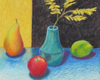 Original Painting, Oil Pastel Painting, Still Life Painting, Fruit Painting, Minimalist Painting, Audet, "Chosen Fruits", 12x14