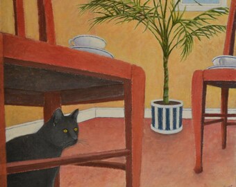 Large Oil Painting, Original Painting, Still Life Painting, Black Cat Painting, Animal Painting, Chair Painting, Audet, "The Cat", 20x24