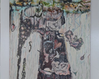 Puede incluir: Pintura abstracta con una forma central texturizada en forma de árbol, en tonos marrones, negros y rosas. La obra presenta un fondo azul claro y blanco con acentos verdes y rojos. La firma del artista está en la esquina inferior izquierda.