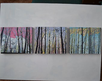 Triptych Painting, Oil Painting, Original Painting, Forest Painting, Tree Painting, Sky Painting, Audet, "Root, Light, High Sky", 10x36