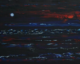 Mixed Medium Painting, Seascape Painting, Dark Painting, Moonlight Painting, Night Painting, Audet, "Nocturnal Nuptials", 16x24