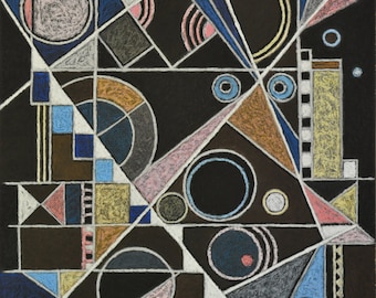 Puede incluir: Impresión de arte geométrico abstracto con fondo negro y formas coloridas, incluyendo círculos, cuadrados, triángulos y líneas en tonos de azul, rosa, amarillo, marrón y blanco.