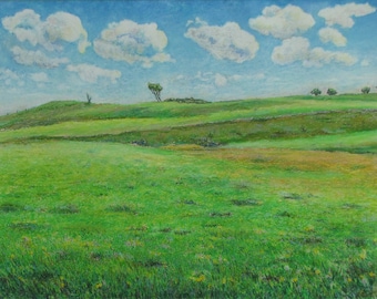 Pintura al óleo pastel sobre papel, Pintura grande, Pintura original, Pintura de paisajes, Audet, "Huyendo, Molino del camino, Quebec, Canadá"