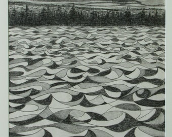 Original Graphite Drawing On Paper, Black and White Drawing, Landscape Drawing, Modern Drawing, Jacques Audet, "Soul Waves", 22x18