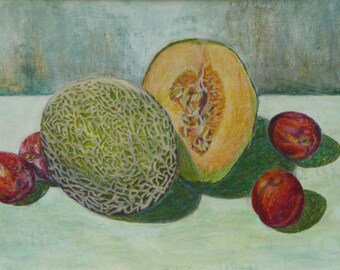 Original Painting, Still life Painting, Mixed Media Painting, Cantaloupe Painting, Fruit Painting, Audet, "The Taste of Prunes", 10x14