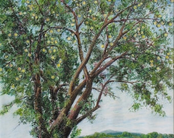 Puede incluir: Una pintura de un árbol grande con hojas verdes y frutos amarillos. El árbol está en un campo con un cielo azul en el fondo.