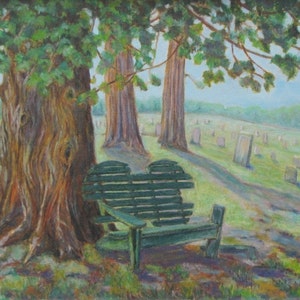 Oil Pastel Painting, Original Painting, Cemetery Painting, Graveyard Painting, Tombstone Painting, Audet, "The Old Bench", 16x20