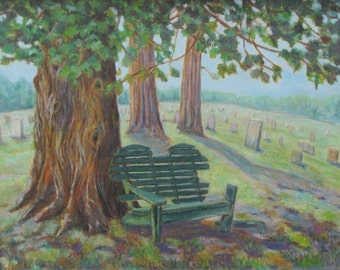 Oil Pastel Painting, Original Painting, Cemetery Painting, Graveyard Painting, Tombstone Painting, Audet, "The Old Bench", 16x20