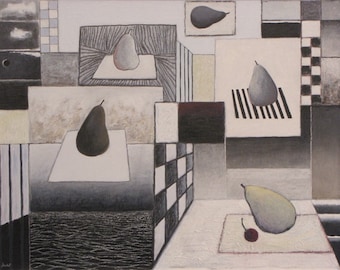 Puede incluir: Pintura abstracta con un diseño geométrico que presenta cuadrados y rectángulos negros y blancos. La pintura incluye cuatro peras en varios tonos de gris y verde, y una sola cereza roja.