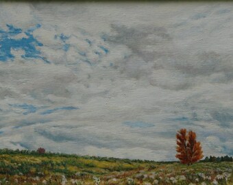Puede incluir: Una pintura de un paisaje con un solo árbol rojo-naranja en primer plano. El cielo es de un azul claro con nubes blancas.