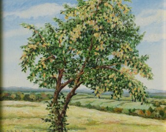 Pintura al óleo, Pintura original, Pintura de manzano, Pintura de paisaje, Pintura de campo, Audet, "At the Apple Tree Hight", 18x19