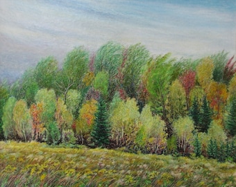 Puede incluir: Una pintura que representa una escena de bosque con una variedad de árboles en tonos de verde, amarillo y rojo. Los árboles están en el fondo, y el primer plano es un campo de hierba.