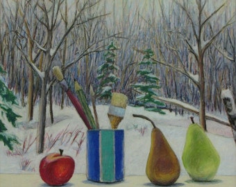 Oil Pastel Painting, Original Painting, Winter Painting, Snow Painting, Still Life Painting, Landscape Painting, Audet, "Interior", 14x14