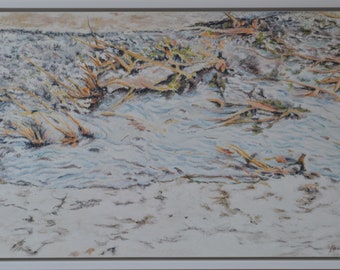 Puede incluir: Una pintura de un río con ramas y ramitas flotando en la superficie. El agua es de color azul claro y las ramas son de color marrón claro. El fondo es de color beige claro.