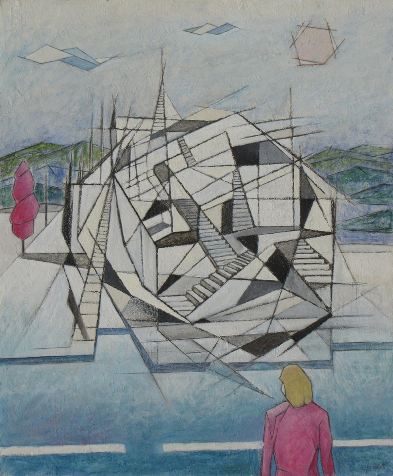 May include: Abstract painting of a geometric structure with a person standing in front of it. The structure is made up of white, gray, and black lines and shapes. The person is wearing a pink jacket and has blonde hair. The background is a light blue sky with white clouds.