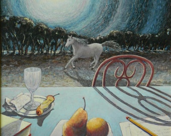 Original Painting, Oil Painting, Surrealistic Painting, White Horse Painting, Moon Painting, Audet, "Running Faster Than The Moon", 20x24