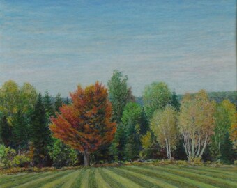 Puede incluir: Una pintura de un campo con hileras de hierba verde, un solo árbol rojo y naranja en el centro y una línea de árboles en el fondo. El cielo es azul con nubes blancas.